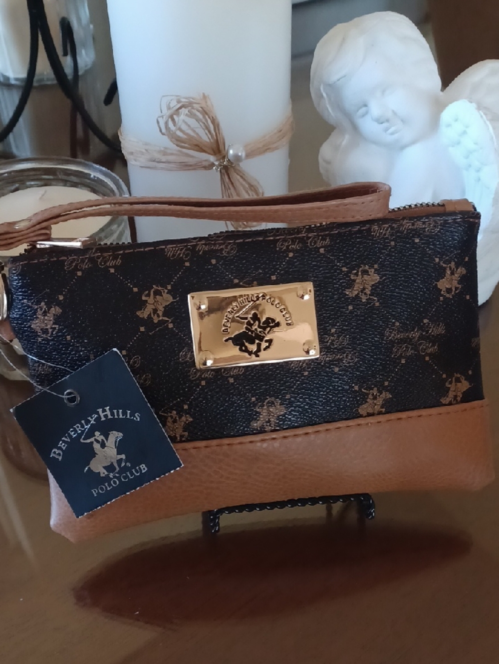 Beverly Hills Polo Club Black & Brown Jacqured Logo Wristlet Clutch Zip Pouch